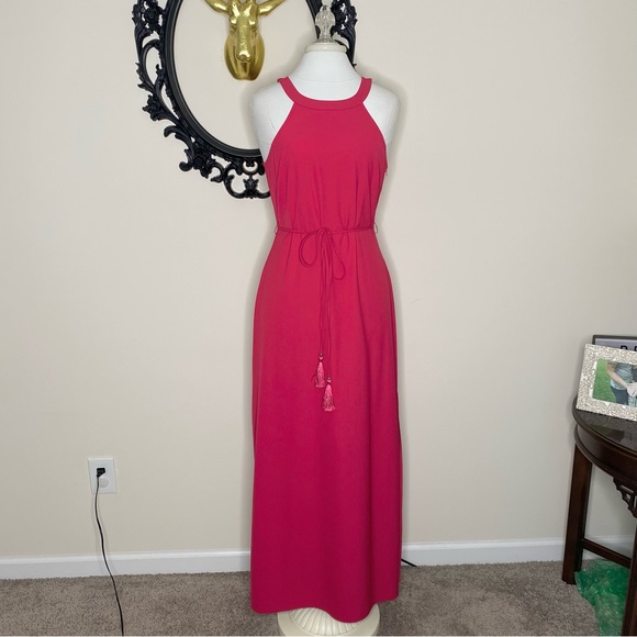 Black Swan Dark Pink Maxi Dress with Tie Waist and Lattice Back Detail - Picture 1 of 9